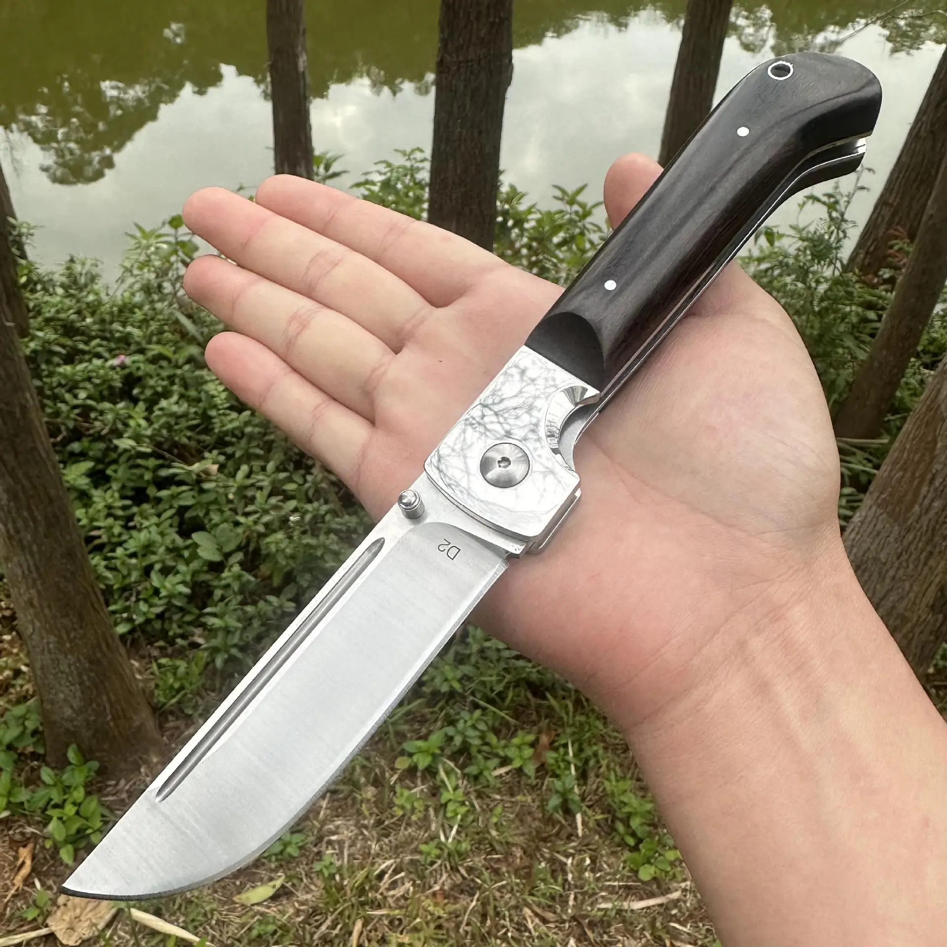 Hot Selling D2 Steel Folding Knife Wooden Handle Tactical Self-defense for Camping Portable Edc Pocket Knife - view 6