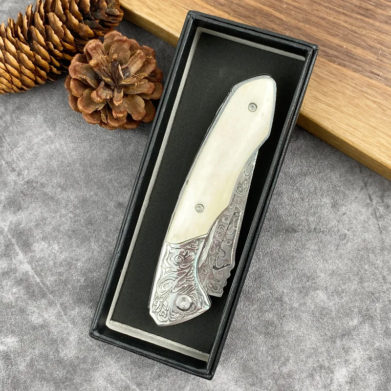 Damascus Blade Bone Handle Folding Camping Pocket Hunting Tactical Knife for Edc - view 6