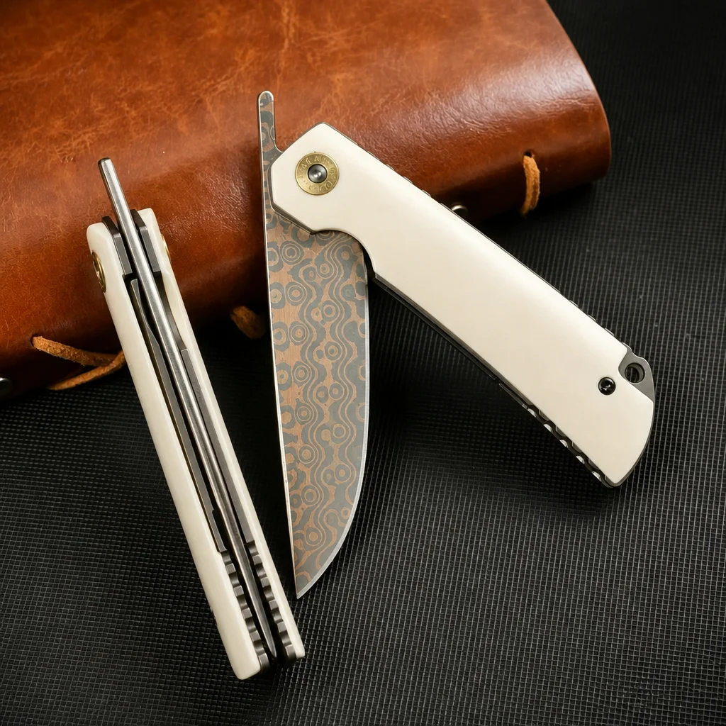 Handmade EDC Folding Knife Copper Damascus Steel Blade Ox Bone Handle Collectible Pocket Knife - view 3