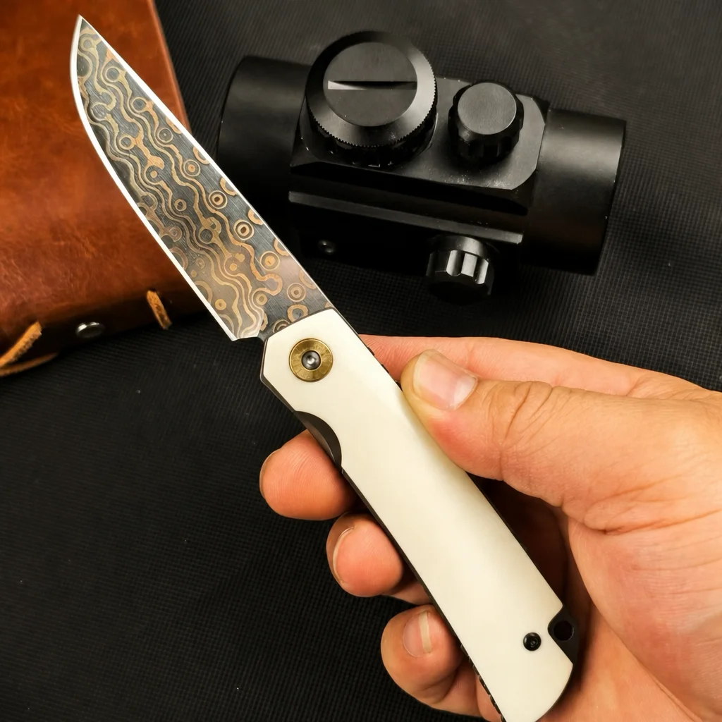 Handmade EDC Folding Knife Copper Damascus Steel Blade Ox Bone Handle Collectible Pocket Knife - view 5