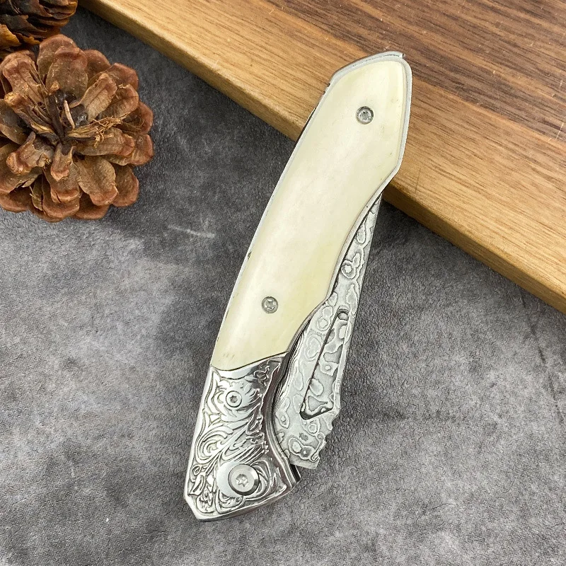 Damascus Blade Bone Handle Folding Camping Pocket Hunting Tactical Knife for Edc - view 3
