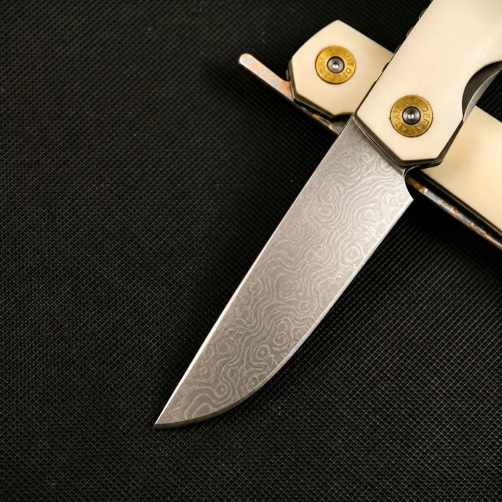 Handmade EDC Folding Knife Copper Damascus Steel Blade Ox Bone Handle Collectible Pocket Knife - view 2