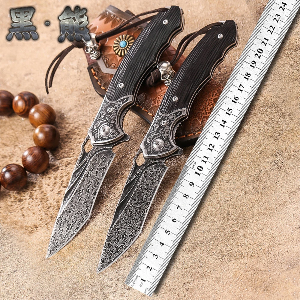 Handmade Damascus Steel Folding Knife Custom Outdoor Camping Tool Gift Box