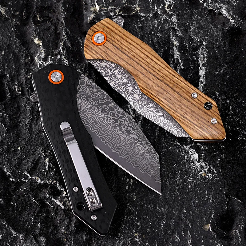 Damascus Folding Knife Wood Handle Carbon Fiber Knife Tactical Hunting Camping Survival Gift Edc Knife - view 2
