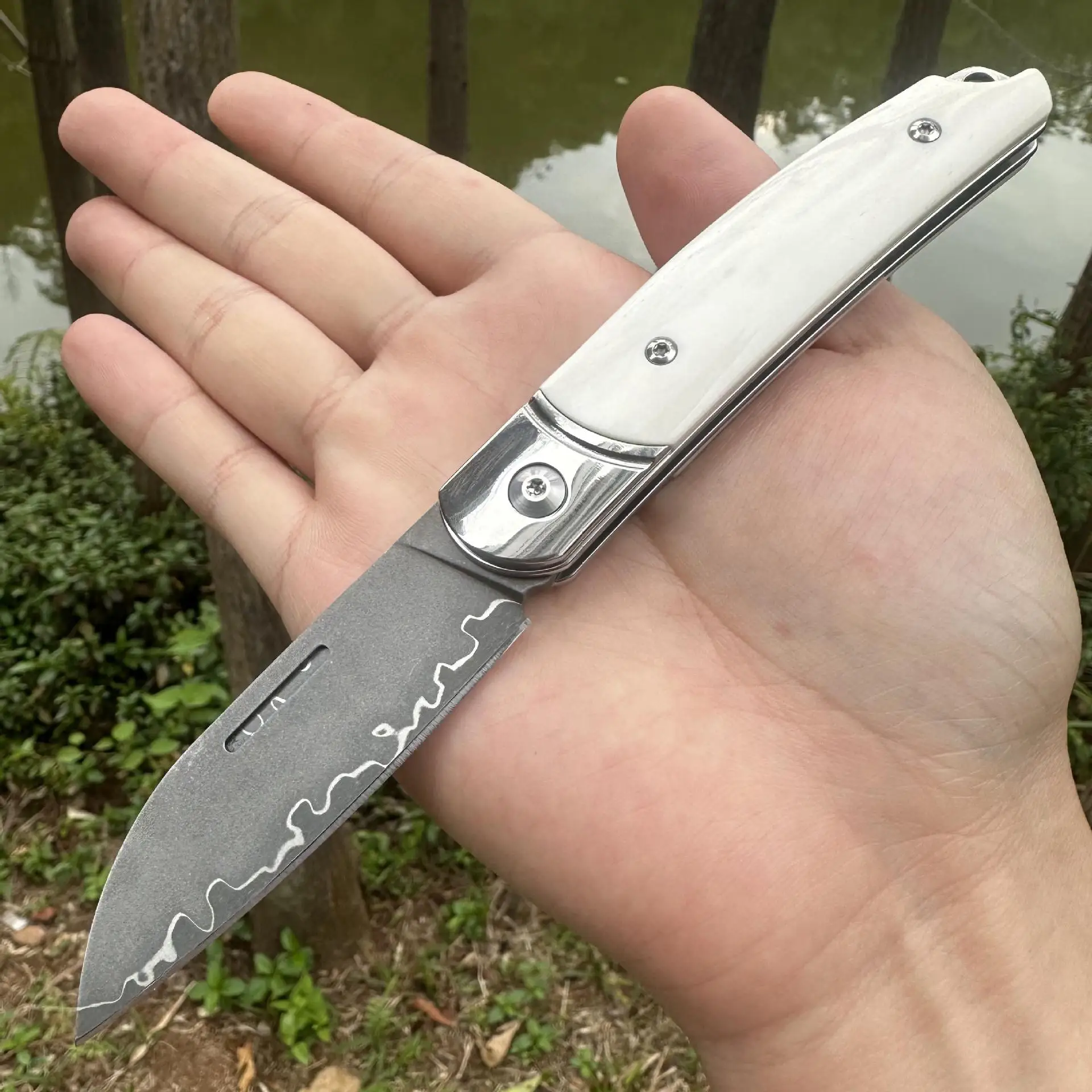 67 Layer Damascus Folding Knife Bone Handle