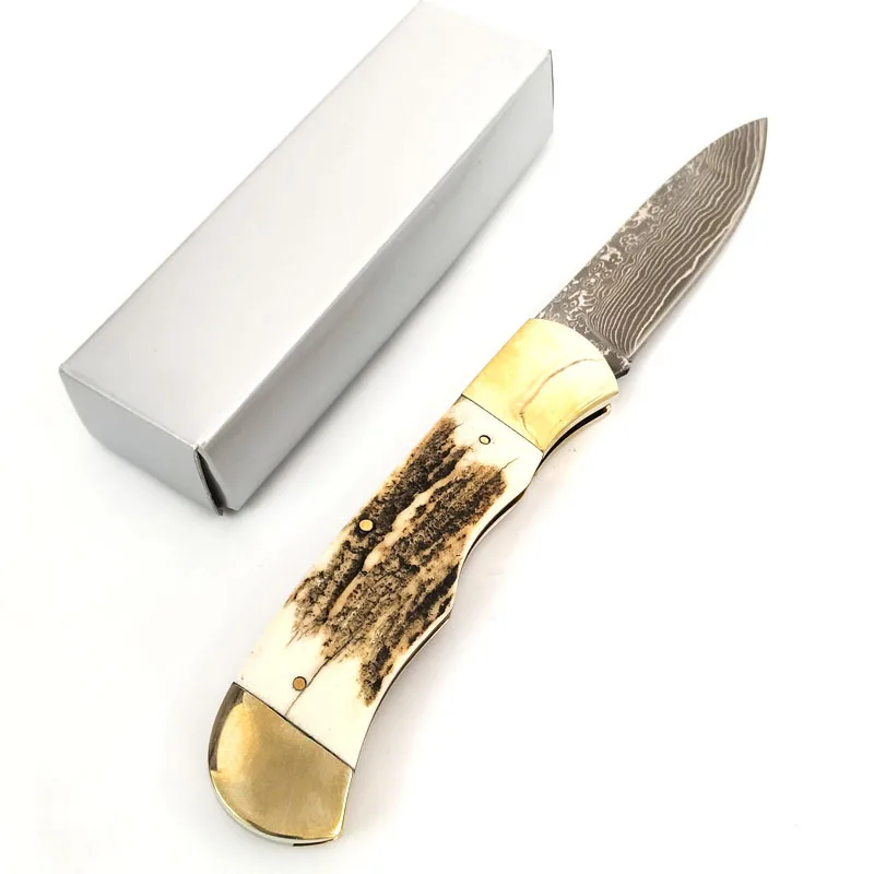 Outdoor Damascus Antler Folding Knife Collection Portable Camping Nostalgic Pocket Knife - view 3
