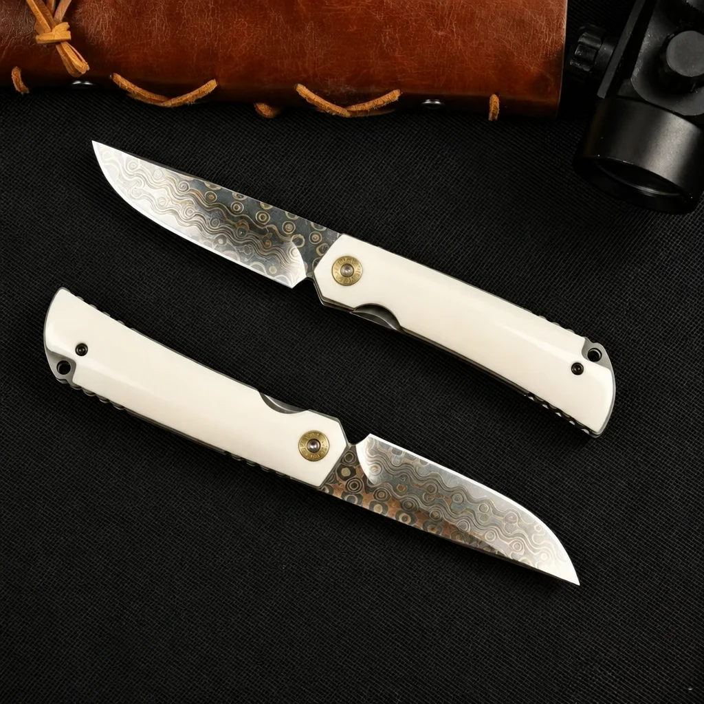 Handmade EDC Folding Knife Copper Damascus Steel Blade Ox Bone Handle Collectible Pocket Knife - view 6
