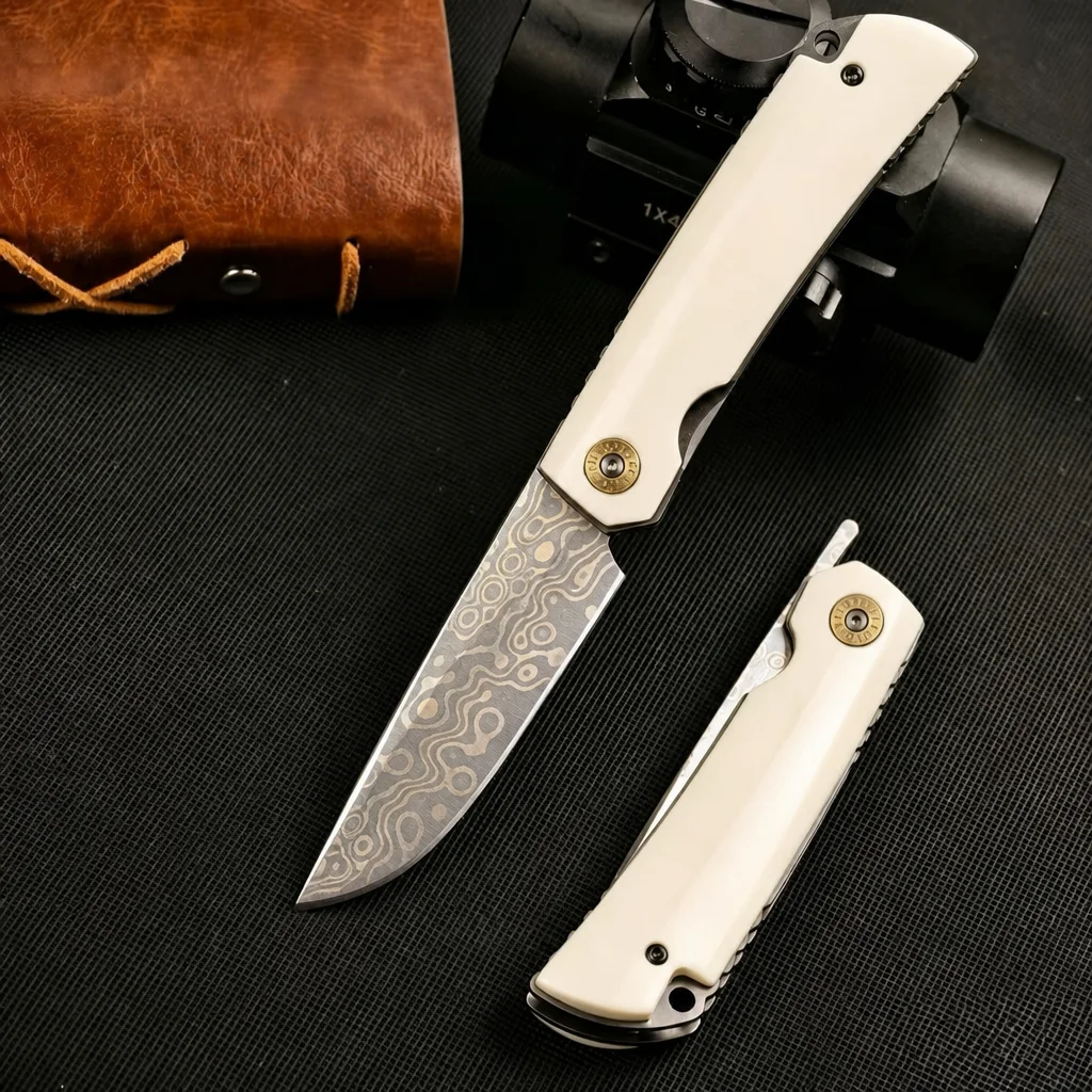Handmade EDC Folding Knife Copper Damascus Steel Blade Ox Bone Handle Collectible Pocket Knife - view 4