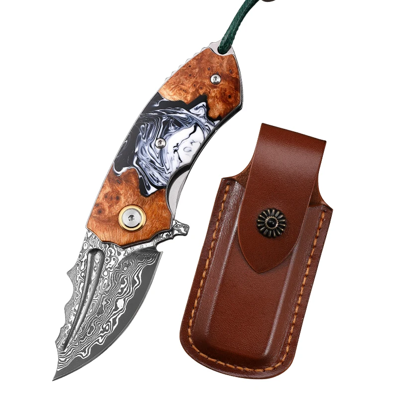 Japanese Forged Damascus Folding Knife Resin & Wood Handle Handmade Collection Knife