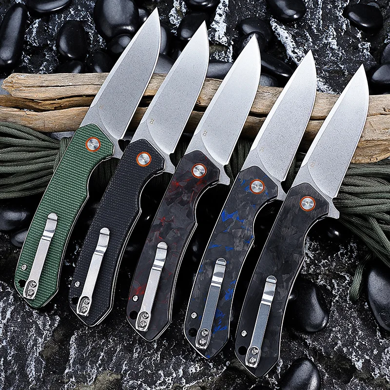 D2 Steel Drop Point Folding Knife Carbon Fiber