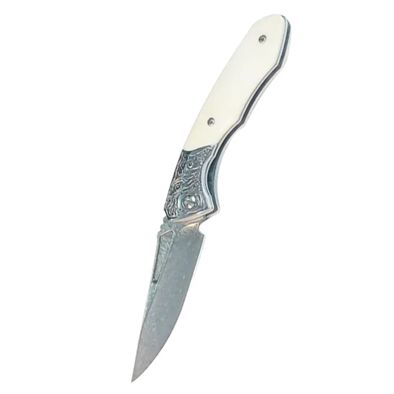 Damascus Blade Bone Handle Folding Camping Pocket Hunting Tactical Knife for Edc - view 5