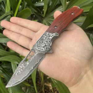 High Handmade Craft Damascus Folding Knife Wood Handle Outdoor Camping Fishing Hunting Tactical Pocket Knife