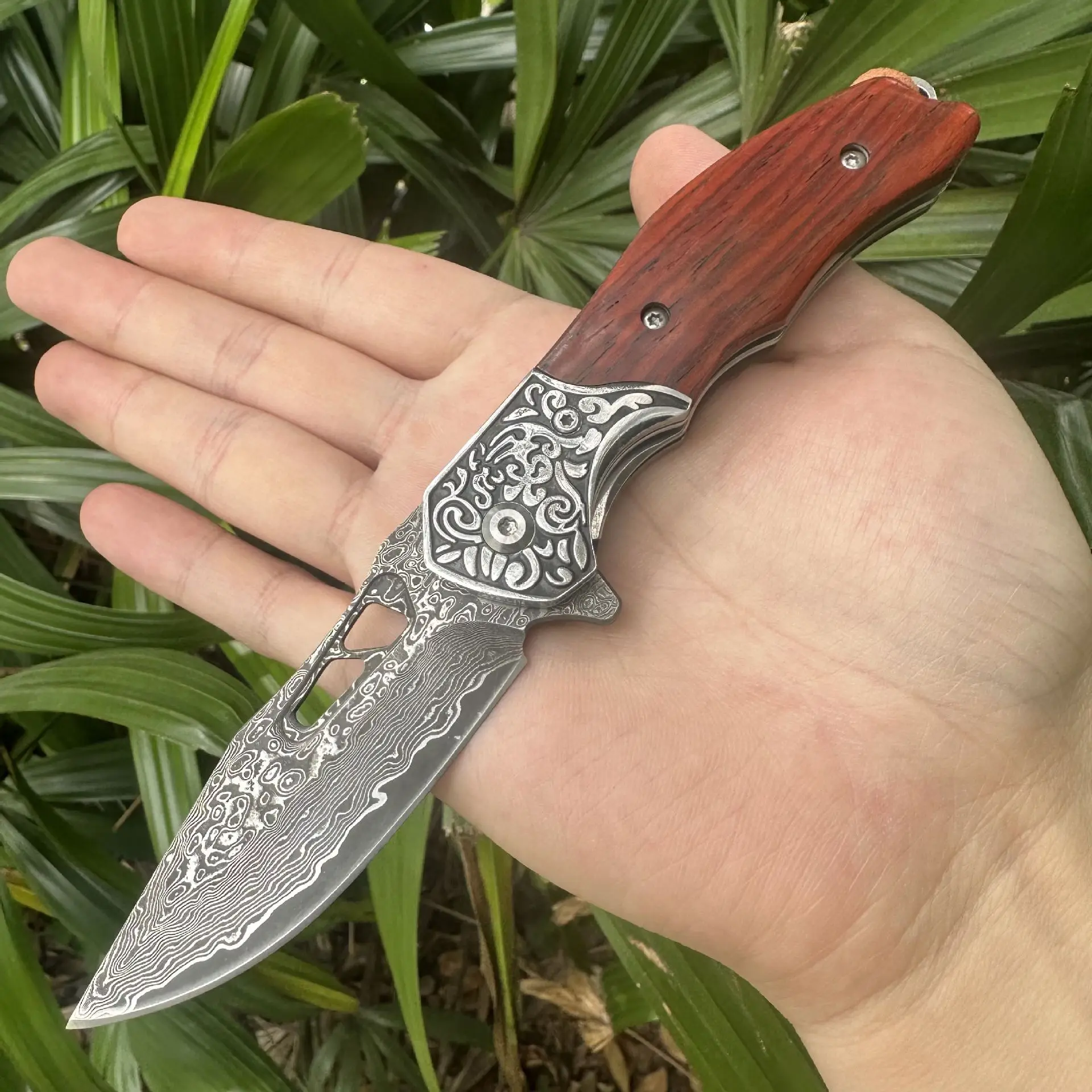 High Handmade Craft Damascus Folding Knife Wood Handle Outdoor Camping Fishing Hunting Tactical Pocket Knife