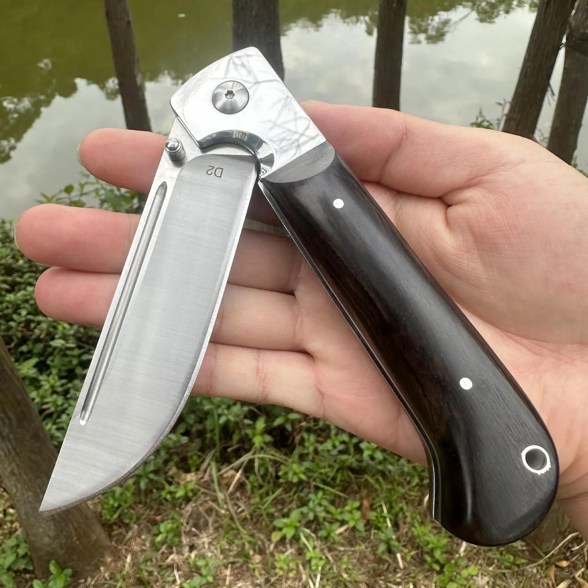 Hot Selling D2 Steel Folding Knife Wooden Handle Tactical Self-defense for Camping Portable Edc Pocket Knife - view 2