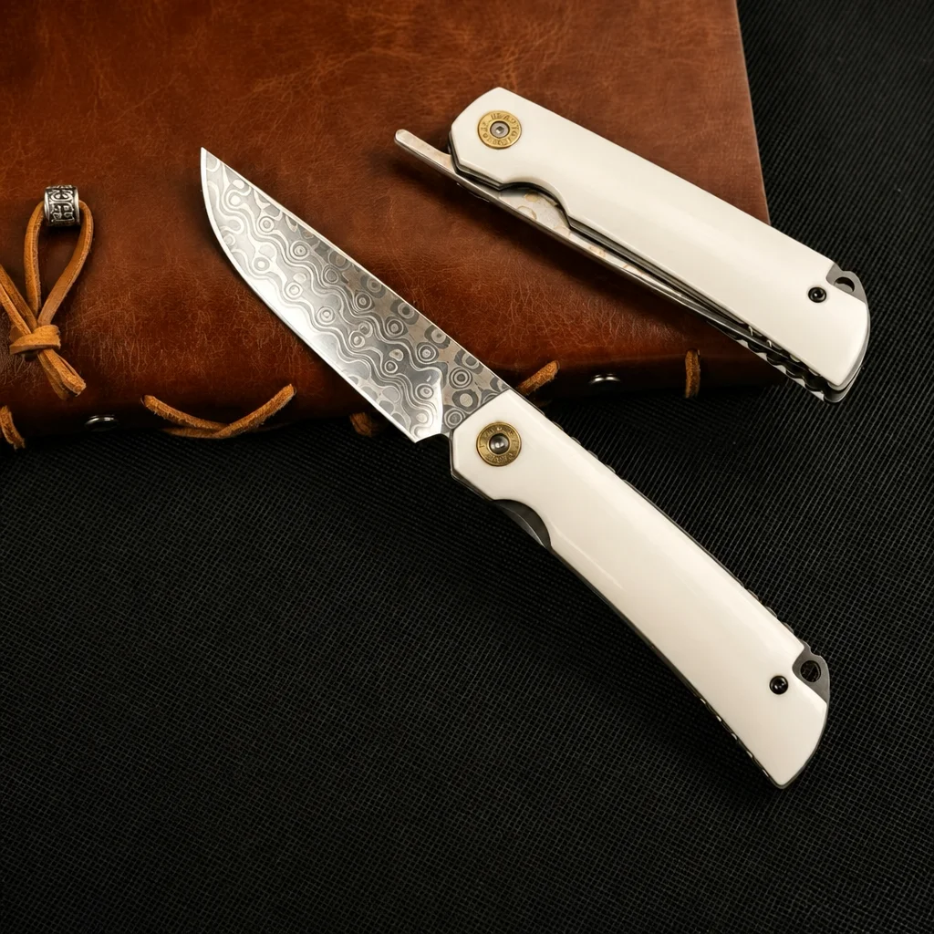 Copper Damascus Folding Knife Ox Bone Handle