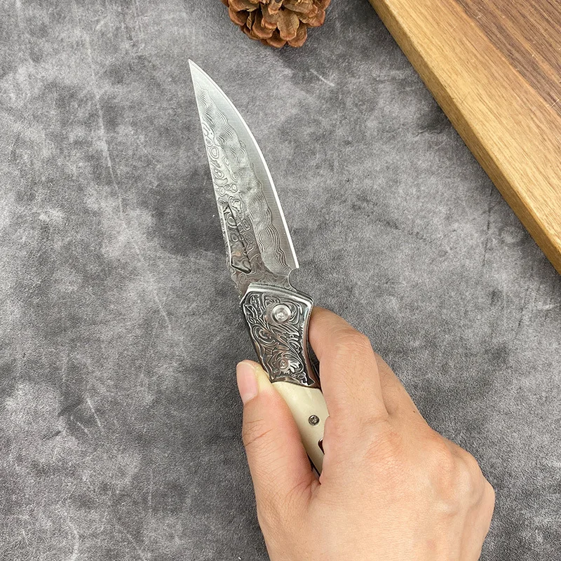 Damascus Blade Bone Handle Folding Camping Pocket Hunting Tactical Knife for Edc - view 2