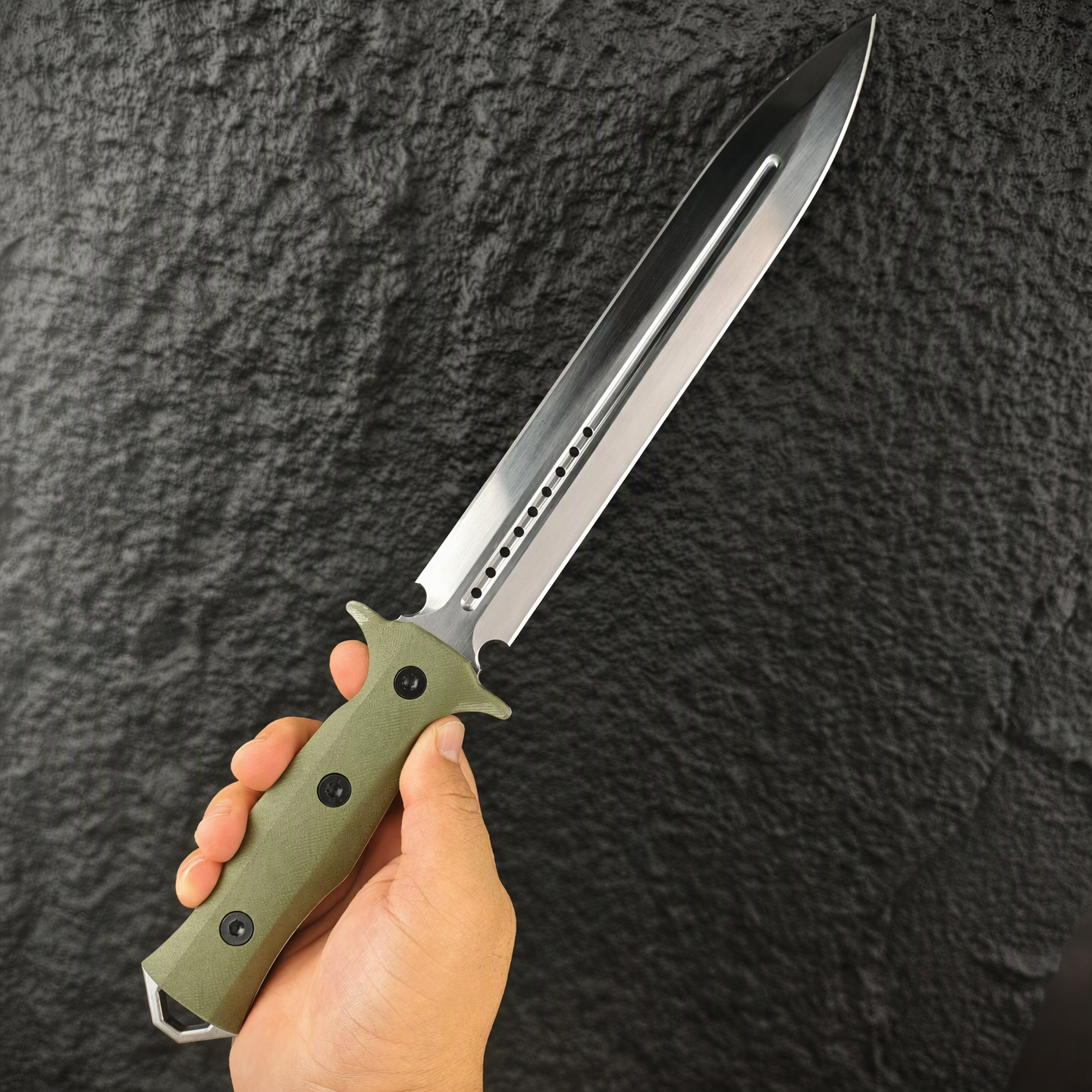 Olive green G10 handle full tang AUS-10 double edge fixed blade knife