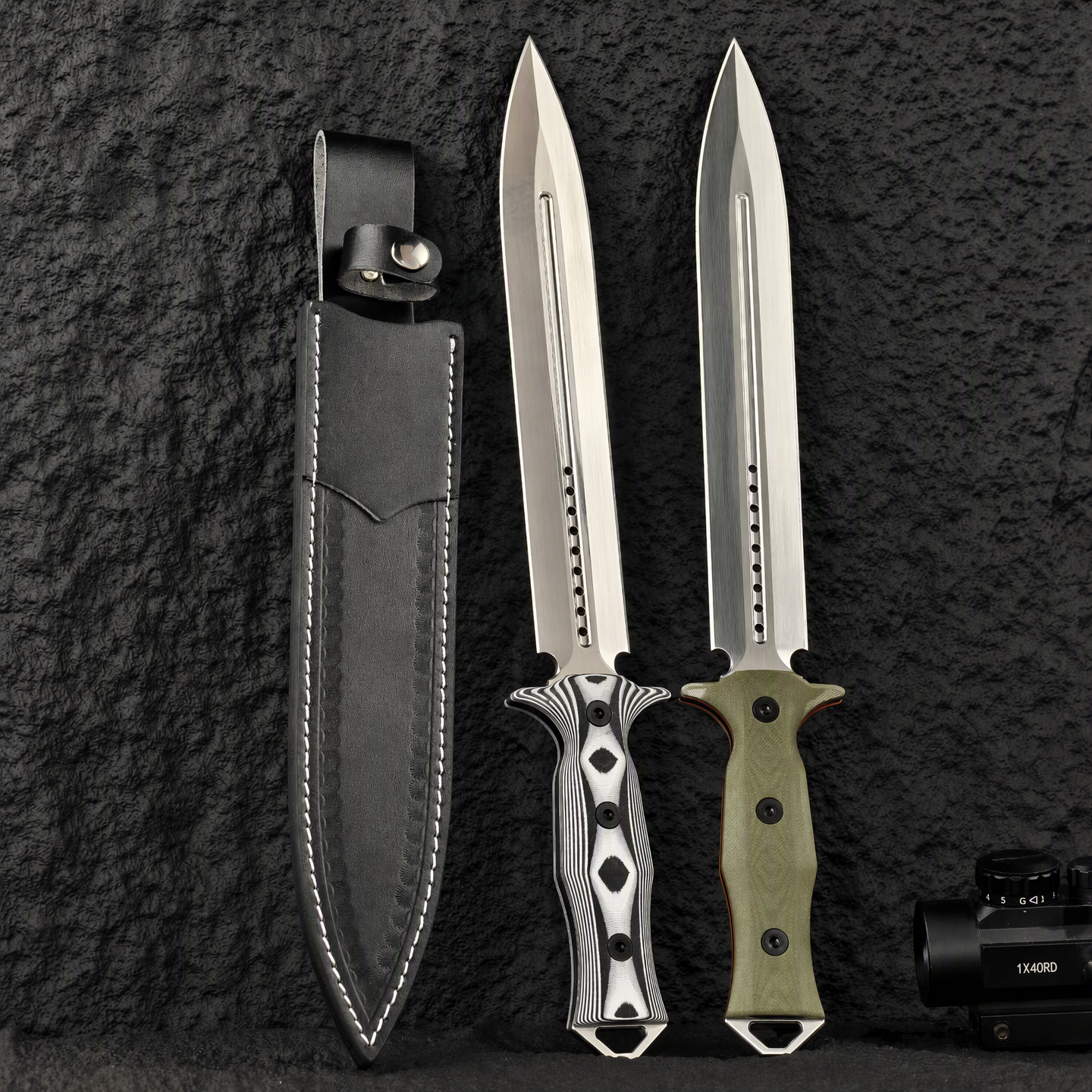 Two full tang AUS-10 double edge fixed blade knives with leather sheath